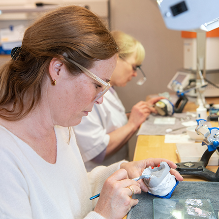 Frau bemalt ein Zahnmodell in einem Zahntechnik-Labor.
